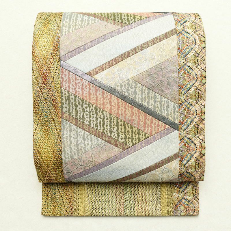 袋帯 全通柄 一般用 正絹 幾何学柄・抽象柄 緑・うぐいす色_画像1