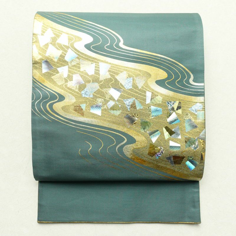 袋帯 太鼓柄 箔 フォーマル用 正絹 流水・波柄 緑・うぐいす色_画像1