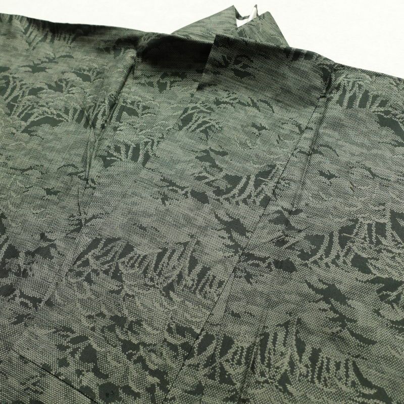 紬 正絹 木の葉・植物柄 袷仕立て 緑・うぐいす色_画像21