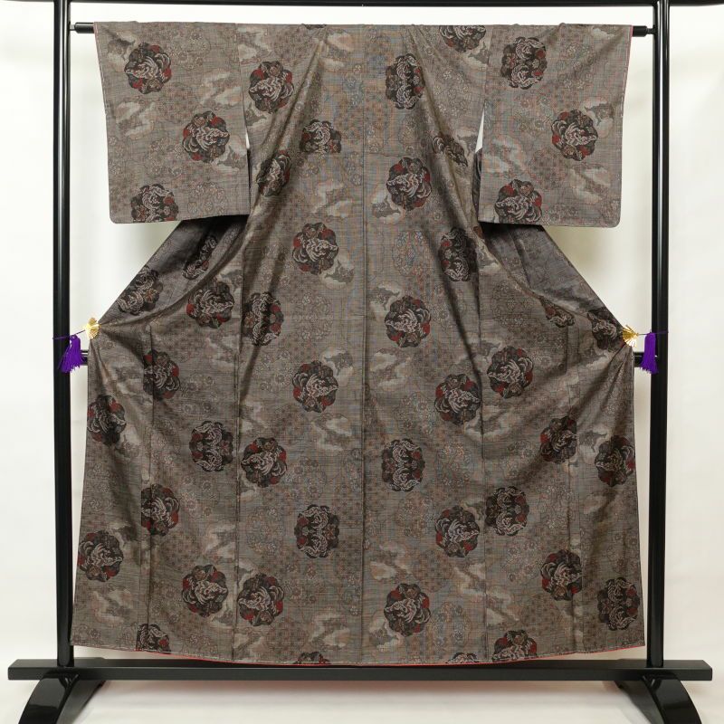 紬 美品 しつけ糸付き 正絹 幾何学柄・抽象柄 袷仕立て 茶_画像1