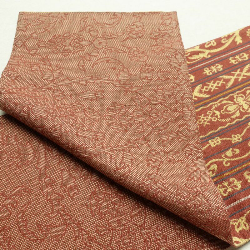 名古屋帯 六通柄 混紡 縞柄・線柄 通し仕立て 小豆・エンジ_画像11