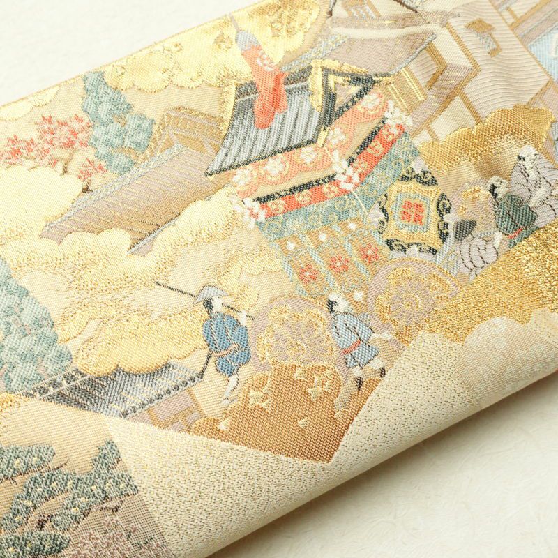 袋帯 全通柄 良品 金糸 フォーマル用 正絹 人物・動物柄 ベージュ_画像24
