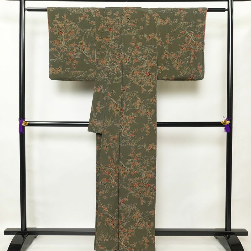 小紋 縮緬 総柄 正絹 古典柄 袷仕立て グレー_画像2