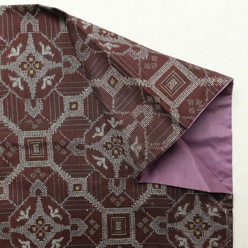 紬 良品 正絹 一部しつけ糸付き 幾何学柄・抽象柄 袷仕立て 小豆・エンジ_画像15