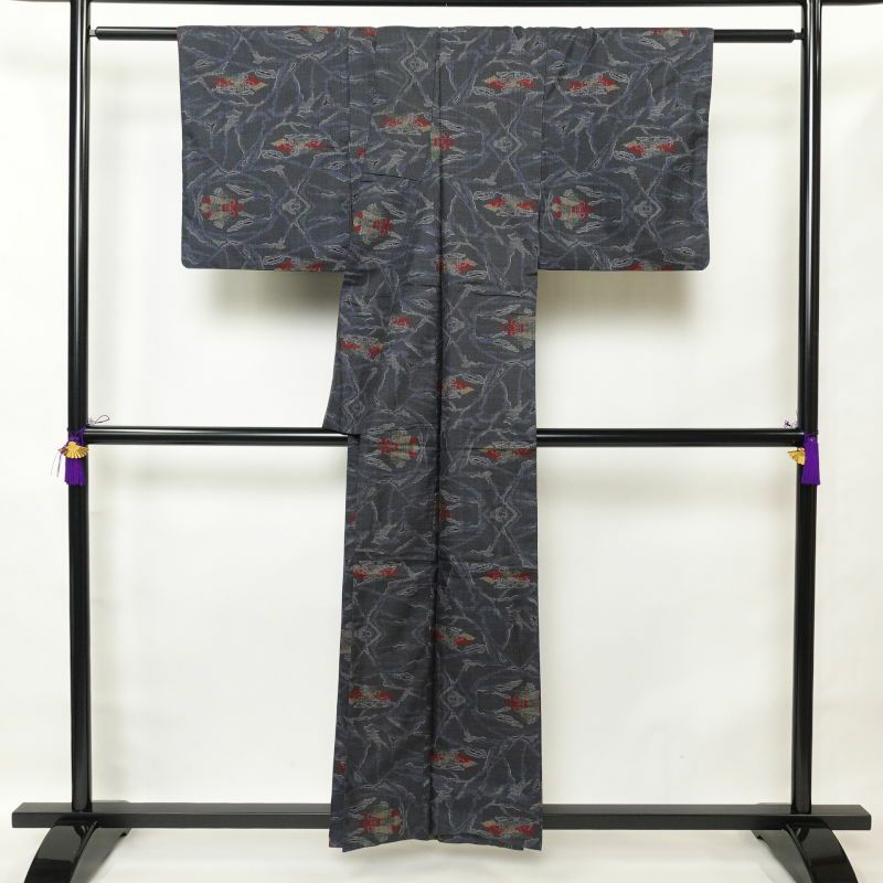 紬 正絹 幾何学柄・抽象柄 袷仕立て 青・紺_画像2