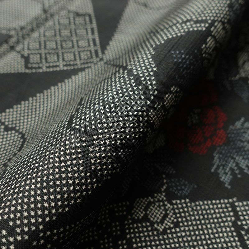 紬 正絹 花柄 幾何学柄・抽象柄 袷仕立て グレー_画像11