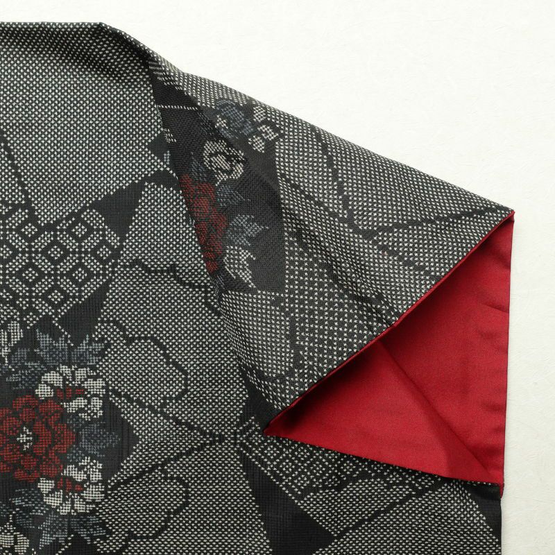 紬 正絹 花柄 幾何学柄・抽象柄 袷仕立て グレー_画像17