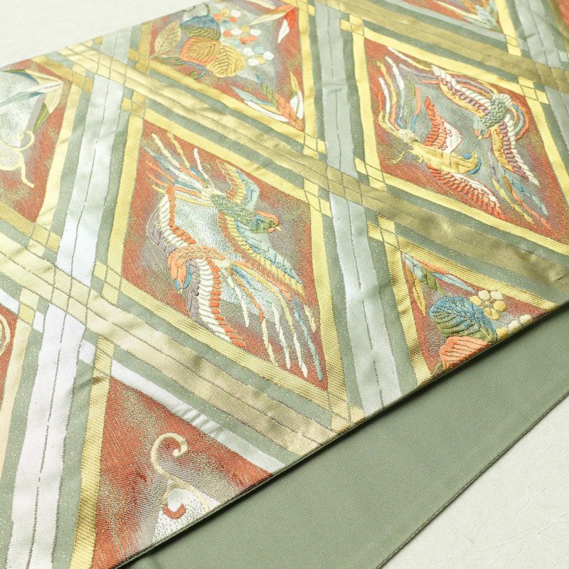 袋帯 本金箔 六通柄 良品 フォーマル用 正絹 人物・動物柄 緑・うぐいす色_画像15