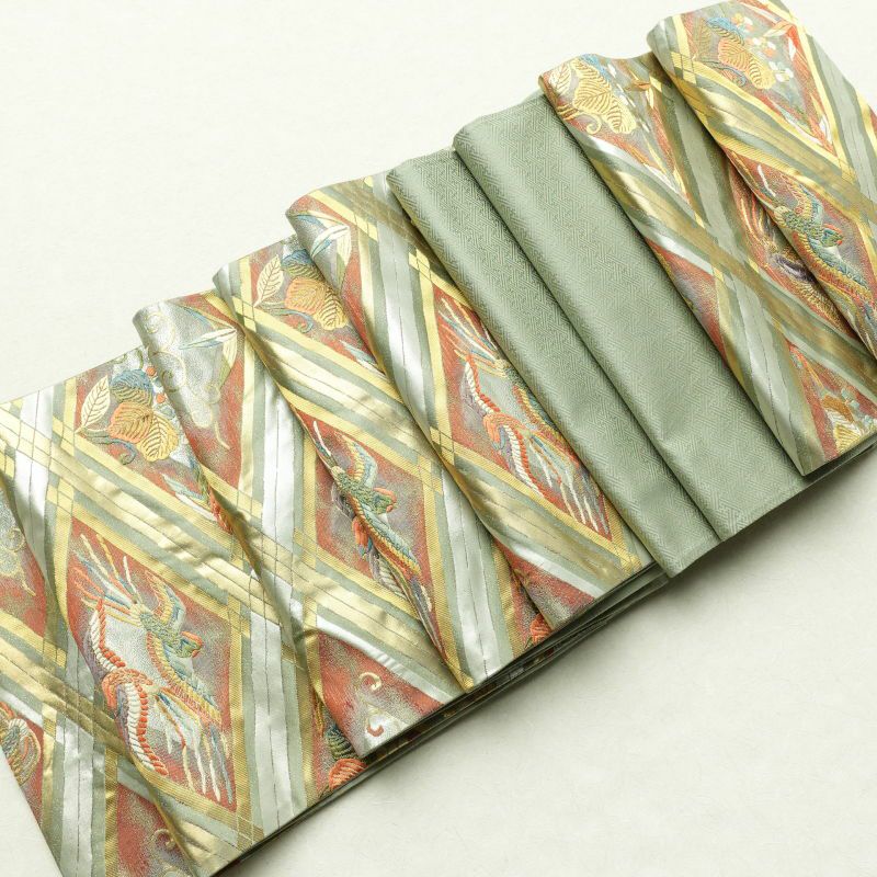 袋帯 本金箔 六通柄 良品 フォーマル用 正絹 人物・動物柄 緑・うぐいす色_画像27