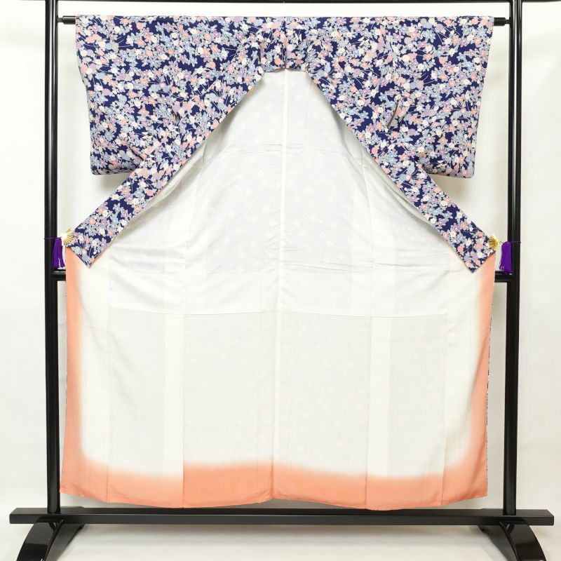 小紋 美品 縮緬 総柄 正絹 麻の葉柄 袷仕立て 青・紺_画像3