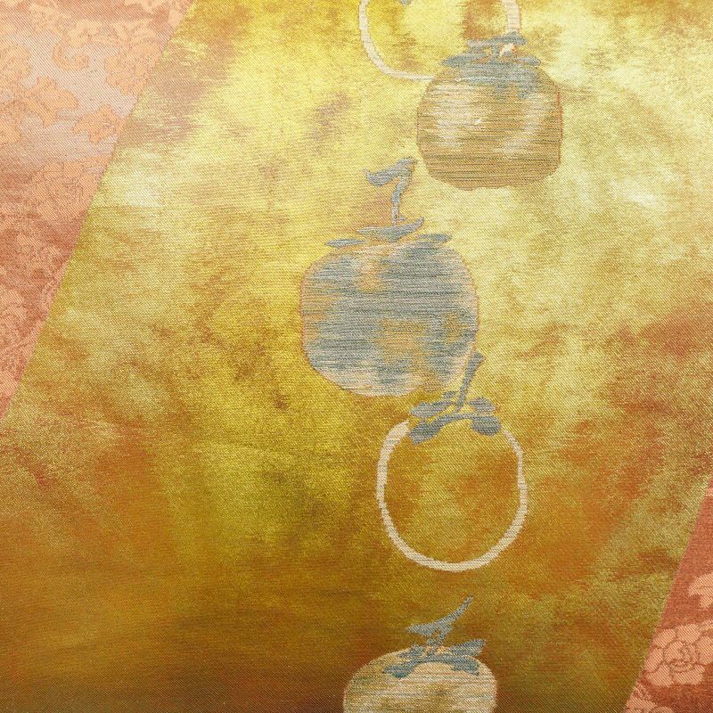 名古屋帯 太鼓柄 正絹 木の葉・植物柄 名古屋仕立て 橙_画像2