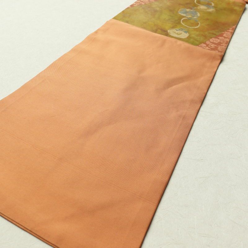 名古屋帯 太鼓柄 正絹 木の葉・植物柄 名古屋仕立て 橙_画像11