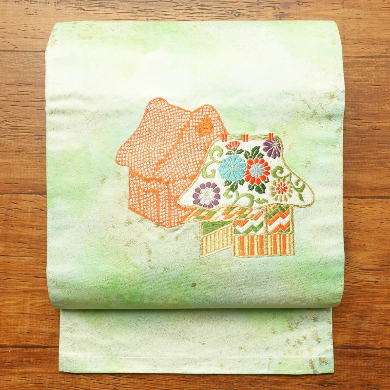 名古屋帯 太鼓柄 良品 しつけ糸付き 正絹 古典柄 名古屋仕立て 緑・うぐいす色_画像1