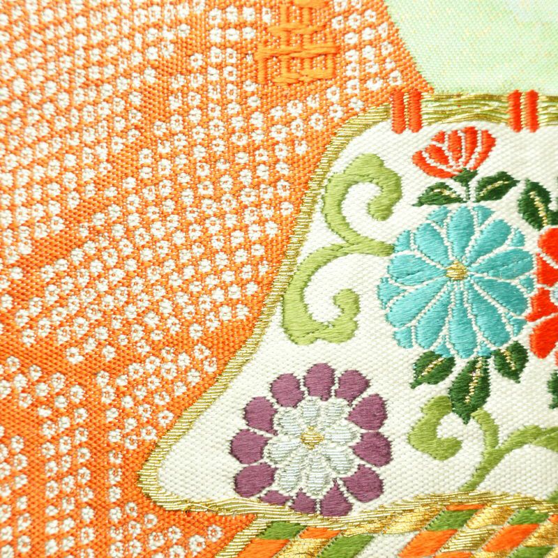 名古屋帯 太鼓柄 良品 しつけ糸付き 正絹 古典柄 名古屋仕立て 緑・うぐいす色_画像3