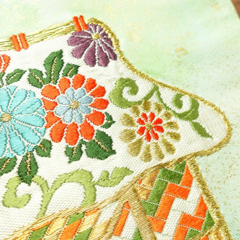 名古屋帯 太鼓柄 良品 しつけ糸付き 正絹 古典柄 名古屋仕立て 緑・うぐいす色_画像4