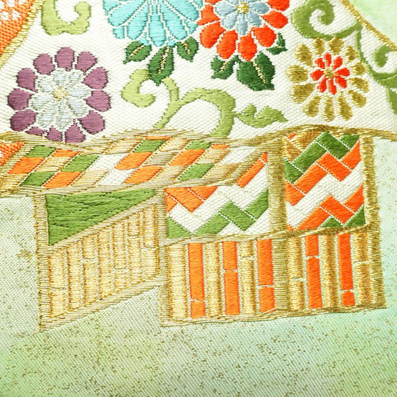 名古屋帯 太鼓柄 良品 しつけ糸付き 正絹 古典柄 名古屋仕立て 緑・うぐいす色_画像5