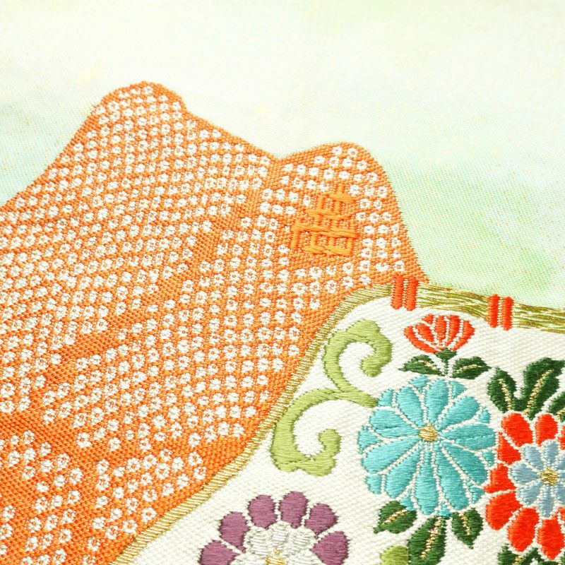 名古屋帯 太鼓柄 良品 しつけ糸付き 正絹 古典柄 名古屋仕立て 緑・うぐいす色_画像6