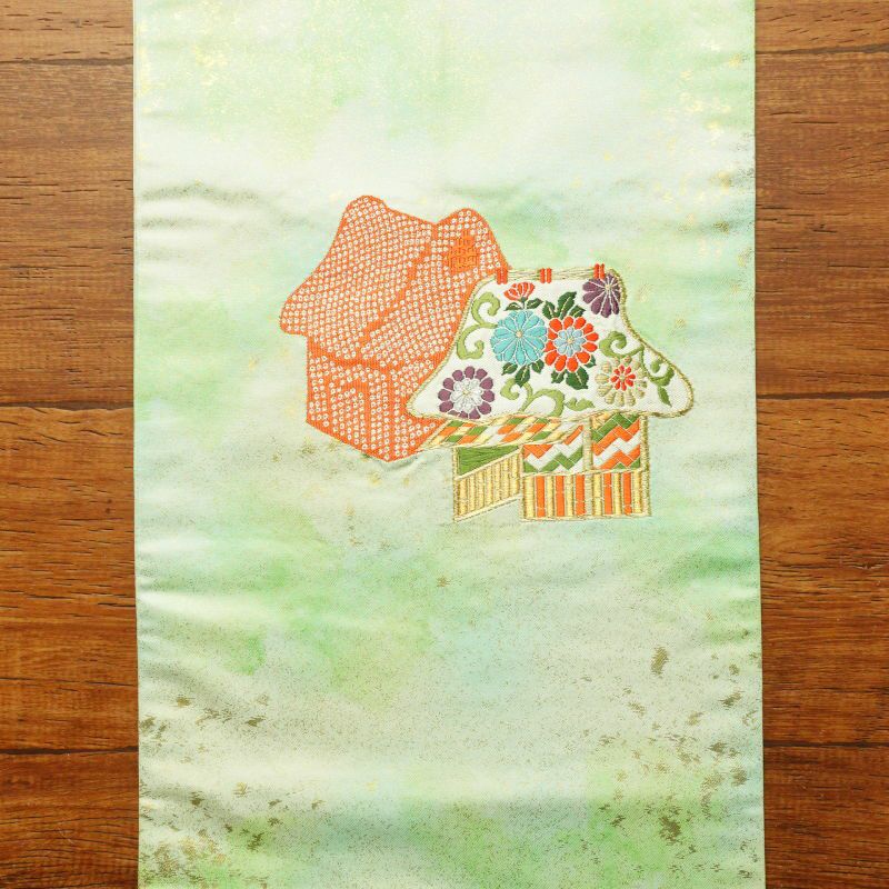 名古屋帯 太鼓柄 良品 しつけ糸付き 正絹 古典柄 名古屋仕立て 緑・うぐいす色_画像12