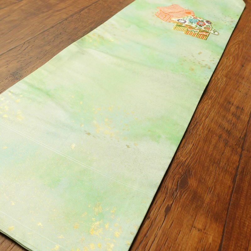 名古屋帯 太鼓柄 良品 しつけ糸付き 正絹 古典柄 名古屋仕立て 緑・うぐいす色_画像13