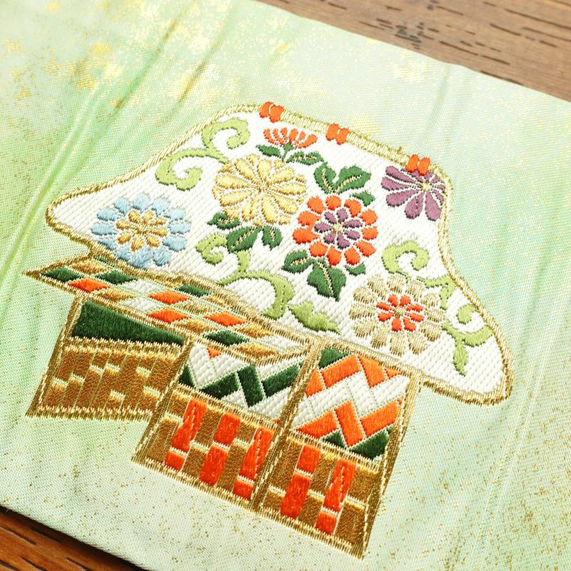 名古屋帯 太鼓柄 良品 しつけ糸付き 正絹 古典柄 名古屋仕立て 緑・うぐいす色_画像18