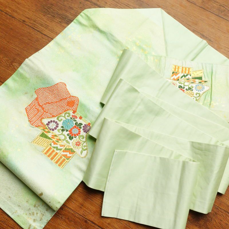 名古屋帯 太鼓柄 良品 しつけ糸付き 正絹 古典柄 名古屋仕立て 緑・うぐいす色_画像23