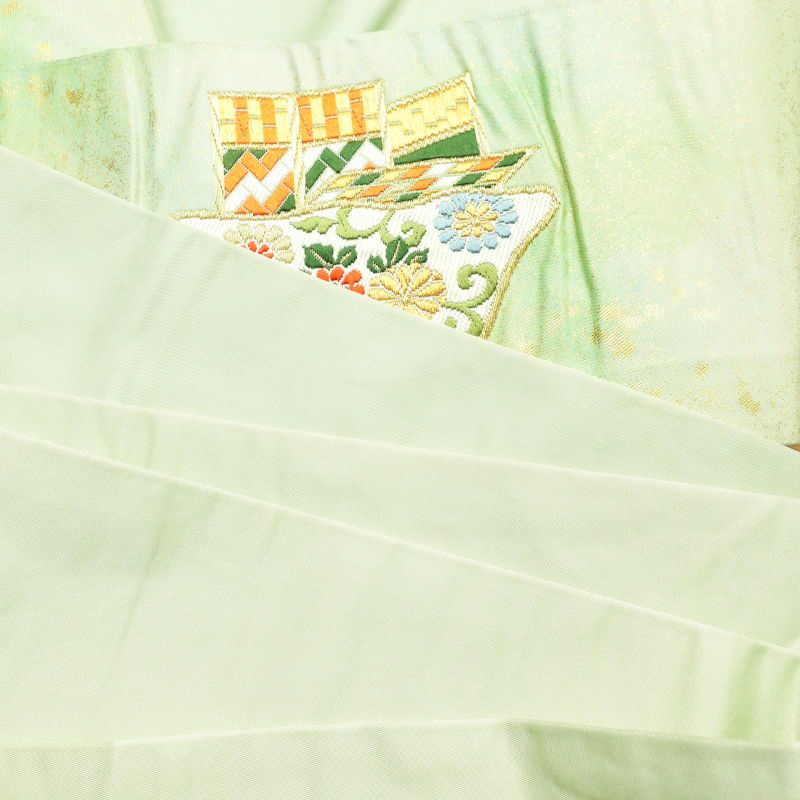 名古屋帯 太鼓柄 良品 しつけ糸付き 正絹 古典柄 名古屋仕立て 緑・うぐいす色_画像24