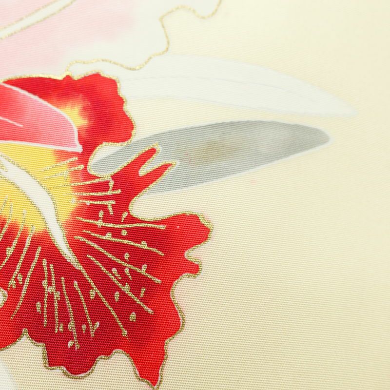 名古屋帯 塩瀬染め 太鼓柄 正絹 花柄 名古屋仕立て クリーム_画像5