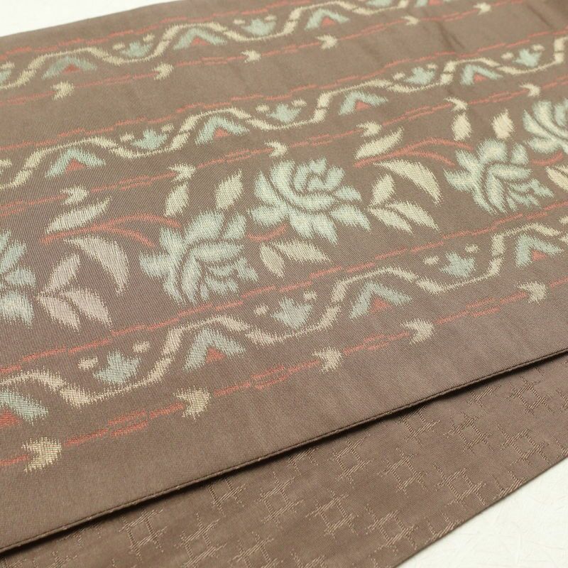 名古屋帯 六通柄 良品 ポリエステル 幾何学柄・抽象柄 通し仕立て 小豆・エンジ_画像15