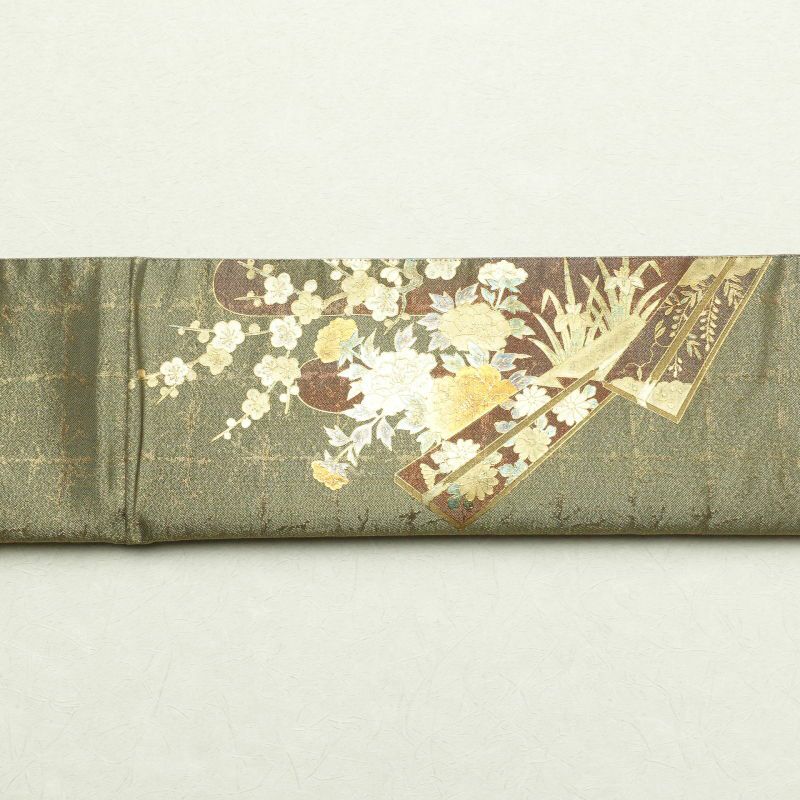 袋帯 太鼓柄 フォーマル用 正絹 箔 四季折々 古典柄 緑・うぐいす色_画像19