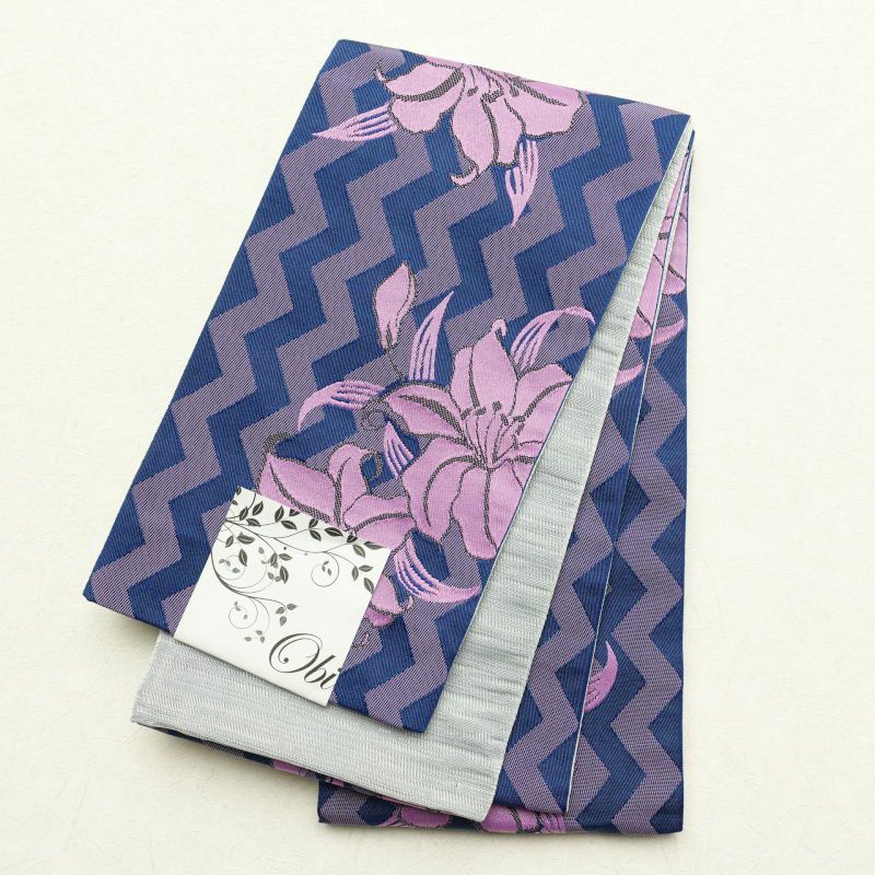 半幅帯 小袋帯 化繊 美品 ポリエステル 花柄 菖蒲 紫・藤色 | 正絹