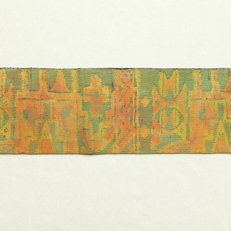 名古屋帯 六通柄 良品 正絹 幾何学柄・抽象柄 名古屋仕立て 緑・うぐいす色_画像16