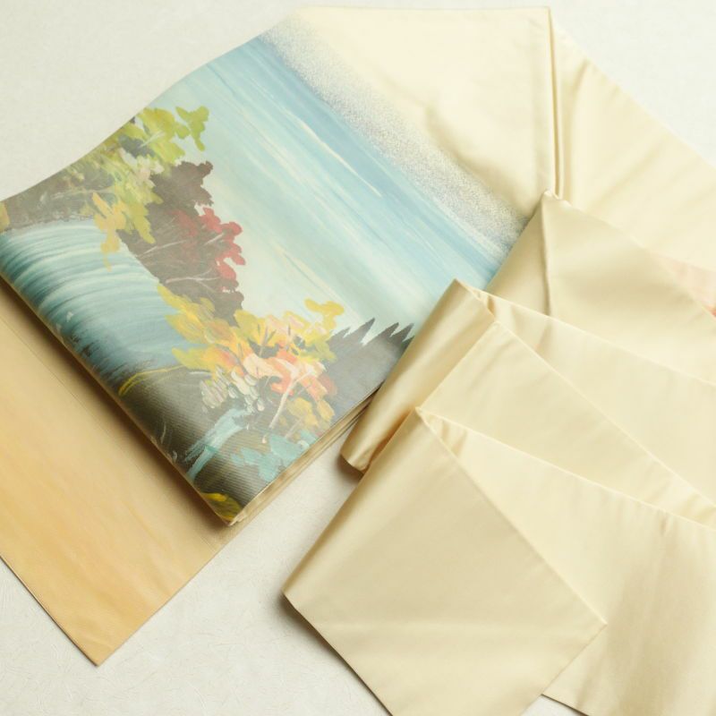 名古屋帯 太鼓柄 良品 正絹 風景柄 名古屋仕立て クリーム_画像24