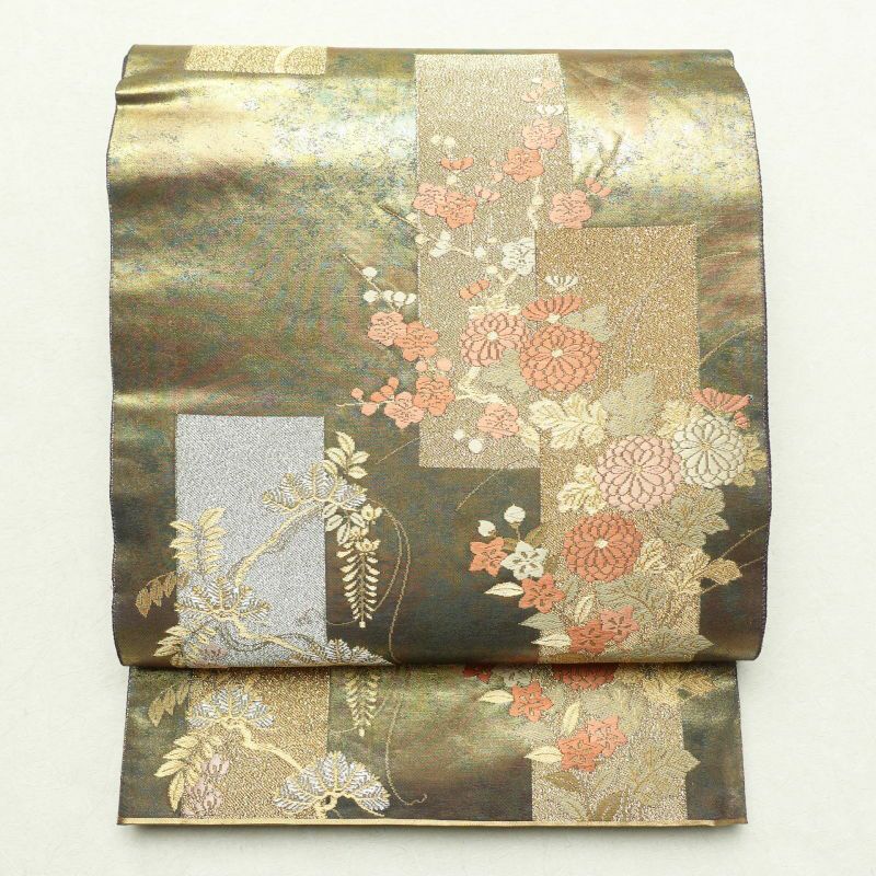 袋帯 六通柄 本うるし箔 フォーマル用 正絹 花柄 梅 菊 金・銀_画像1