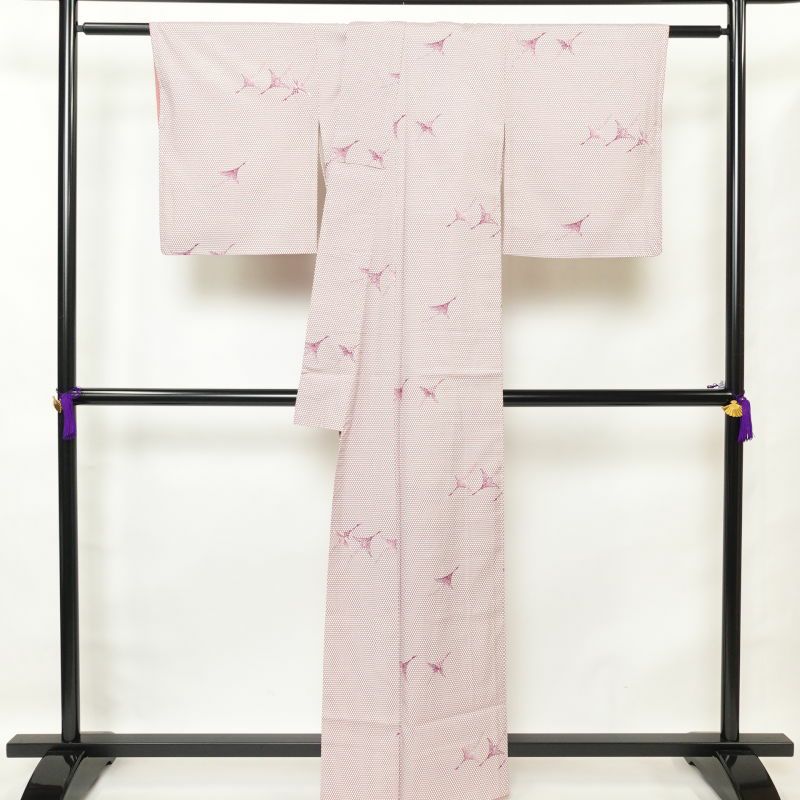 小紋 しつけ糸付き 総柄 混紡 鳥柄 人物・動物柄 袷仕立て 白_画像2