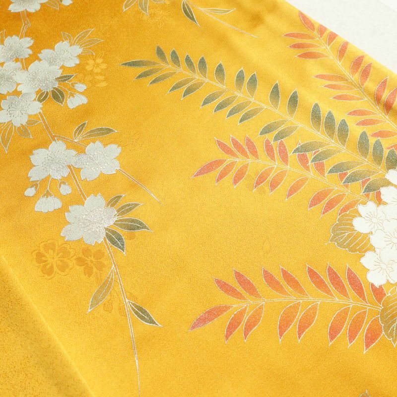 振袖 正絹 金駒刺繍 箔 蝶 花柄 袷仕立て 黄・黄土色_画像28