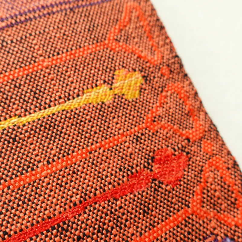 名古屋帯 紬 六通柄 正絹 幾何学柄・抽象柄 松葉仕立て 赤・朱_画像7