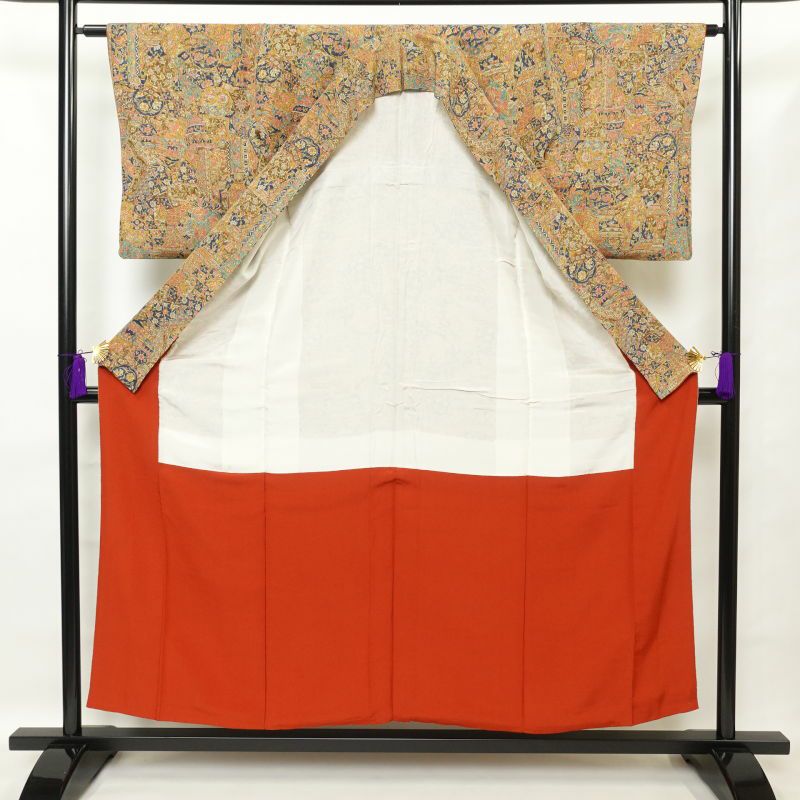 小紋 良品 縮緬 総柄 正絹 木の葉・植物柄 袷仕立て 黄・黄土色_画像3