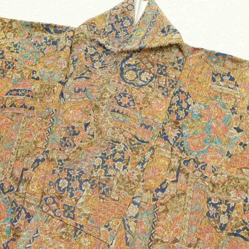 小紋 良品 縮緬 総柄 正絹 木の葉・植物柄 袷仕立て 黄・黄土色_画像20