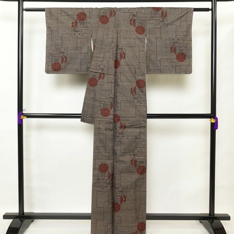 紬 良品 しつけ糸付き 正絹 幾何学柄・抽象柄 袷仕立て 茶_画像2