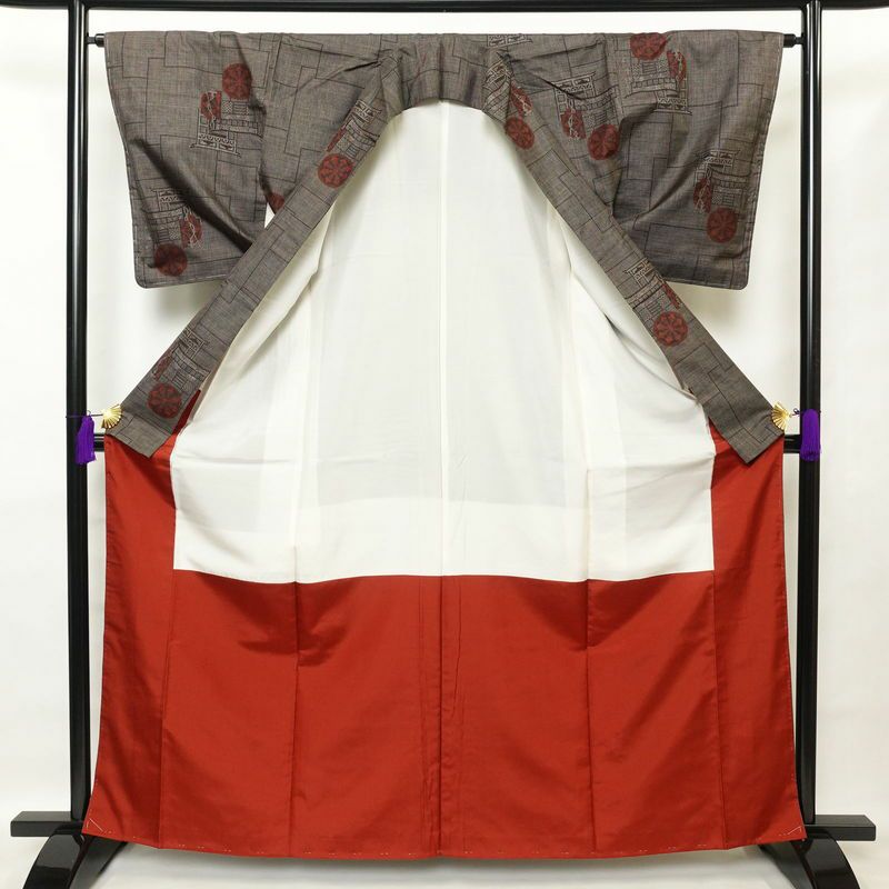 紬 良品 しつけ糸付き 正絹 幾何学柄・抽象柄 袷仕立て 茶_画像3