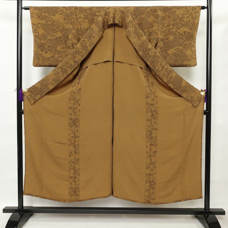 単衣 小紋 美品 縮緬 正絹 古典柄 単衣仕立て 黄・黄土色_画像3