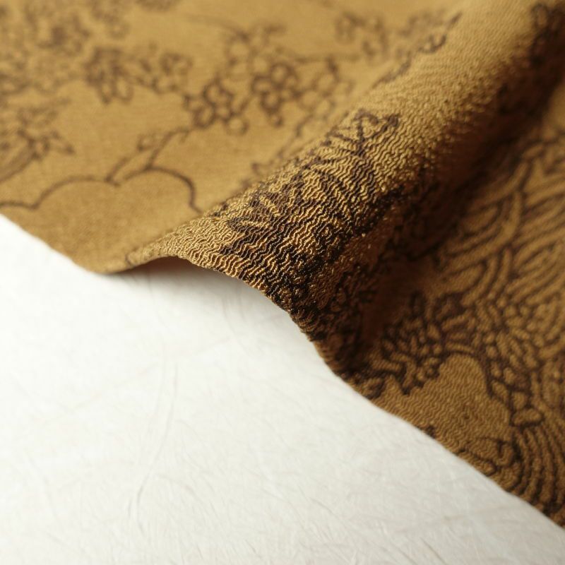 単衣 小紋 美品 縮緬 正絹 古典柄 単衣仕立て 黄・黄土色_画像12