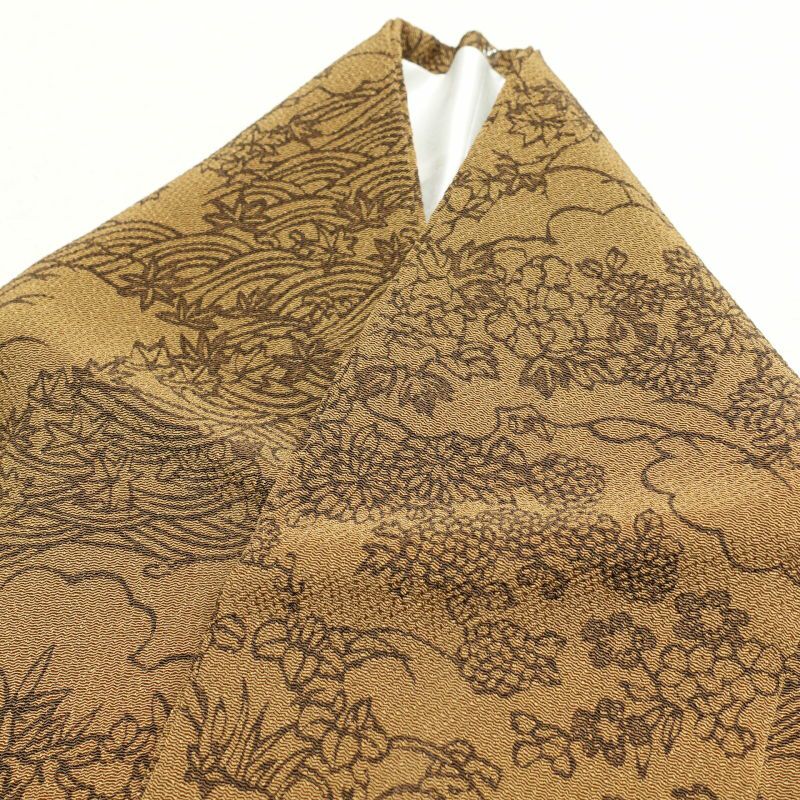 単衣 小紋 美品 縮緬 正絹 古典柄 単衣仕立て 黄・黄土色_画像22