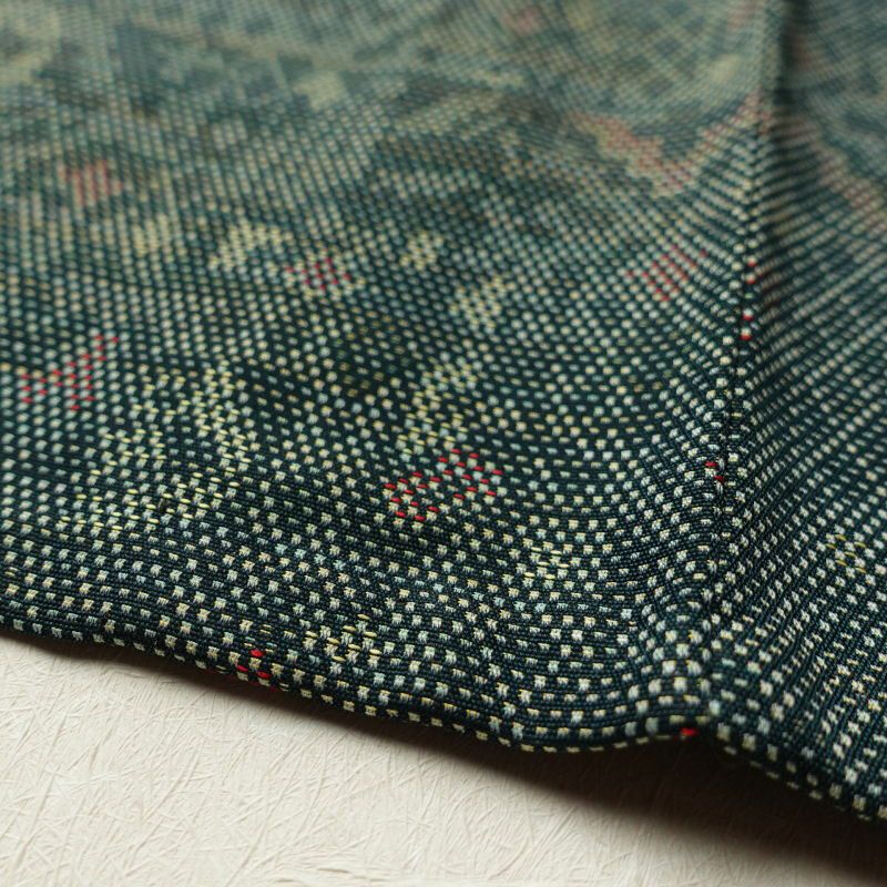 単衣 紬 良品 正絹 背伏せ付き 幾何学柄・抽象柄 単衣 緑・うぐいす色_画像9