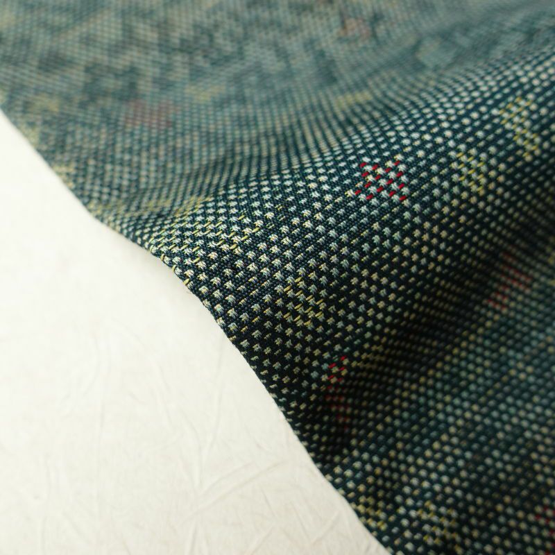 単衣 紬 良品 正絹 背伏せ付き 幾何学柄・抽象柄 単衣 緑・うぐいす色_画像11