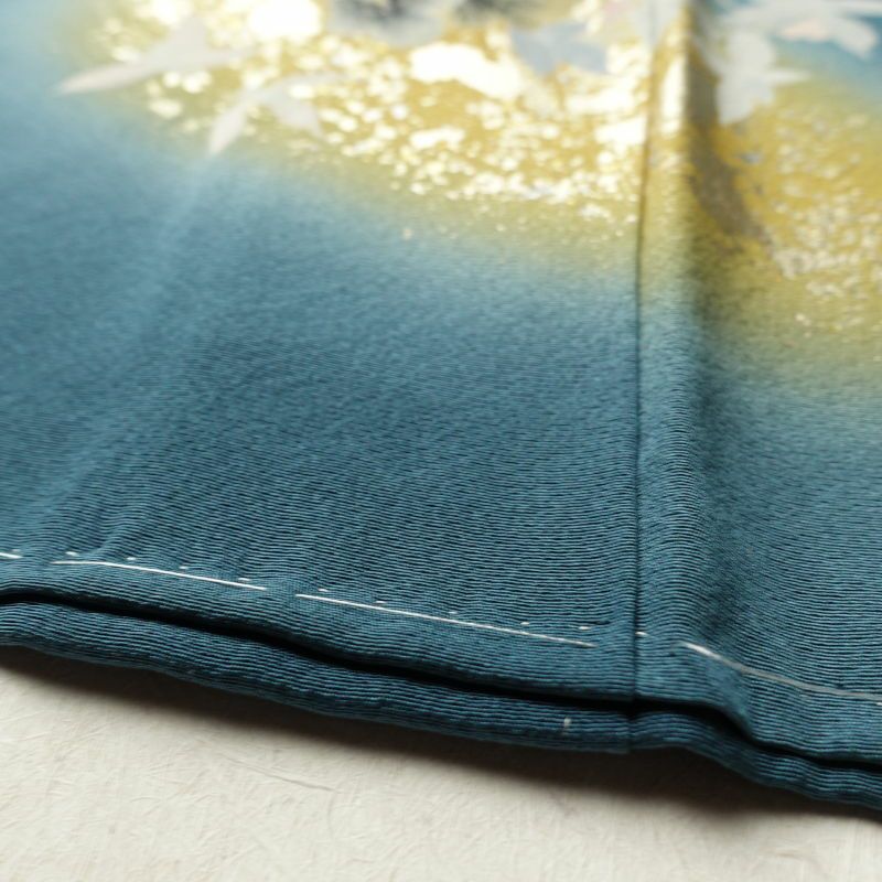 訪問着 美品 しつけ糸付き 縮緬 箔 共八掛 正絹 花柄 袷仕立て 青・紺_画像14