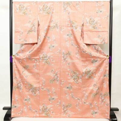 小紋 正絹 大きいサイズ 金彩 綸子 古典柄 身丈170.5cm 裄丈68.5cm 袷仕立て ピンク