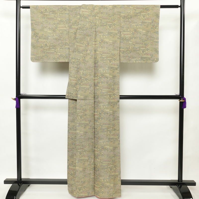 大島紬 良品 証紙あり 越路野大島紬 正絹 風景柄 袷仕立て 黄・黄土色_画像2