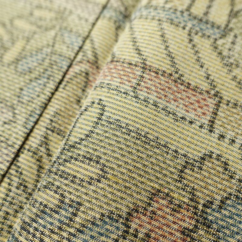 大島紬 良品 証紙あり 越路野大島紬 正絹 風景柄 袷仕立て 黄・黄土色_画像8