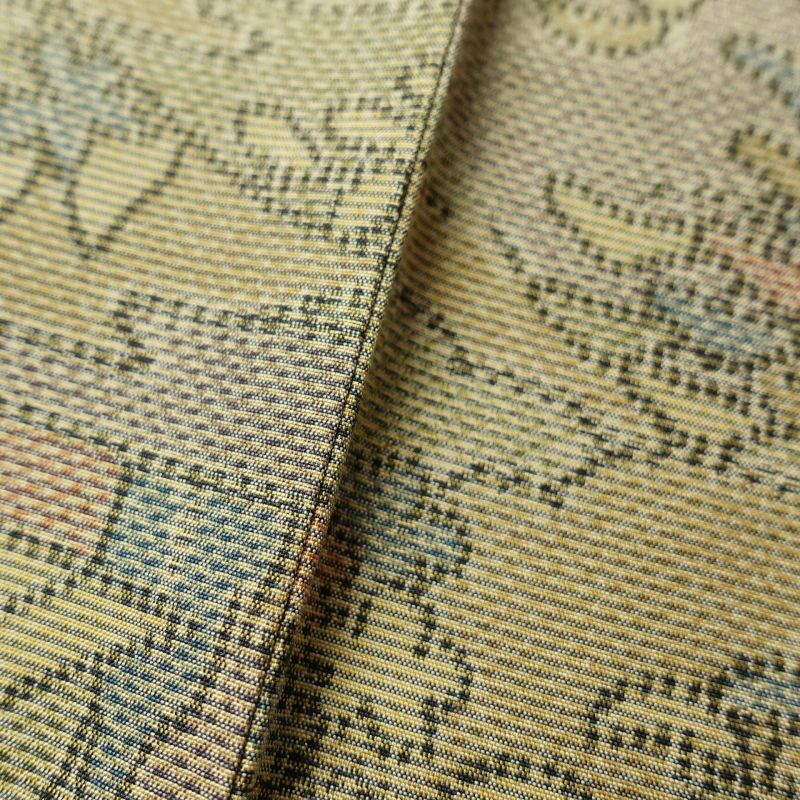 大島紬 良品 証紙あり 越路野大島紬 正絹 風景柄 袷仕立て 黄・黄土色_画像10